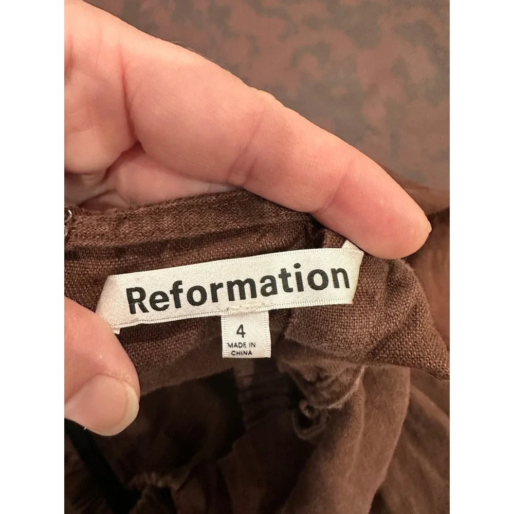 Reformation Brown Linen Square Neck Wide Leg Jumpsuit Size‎ 4